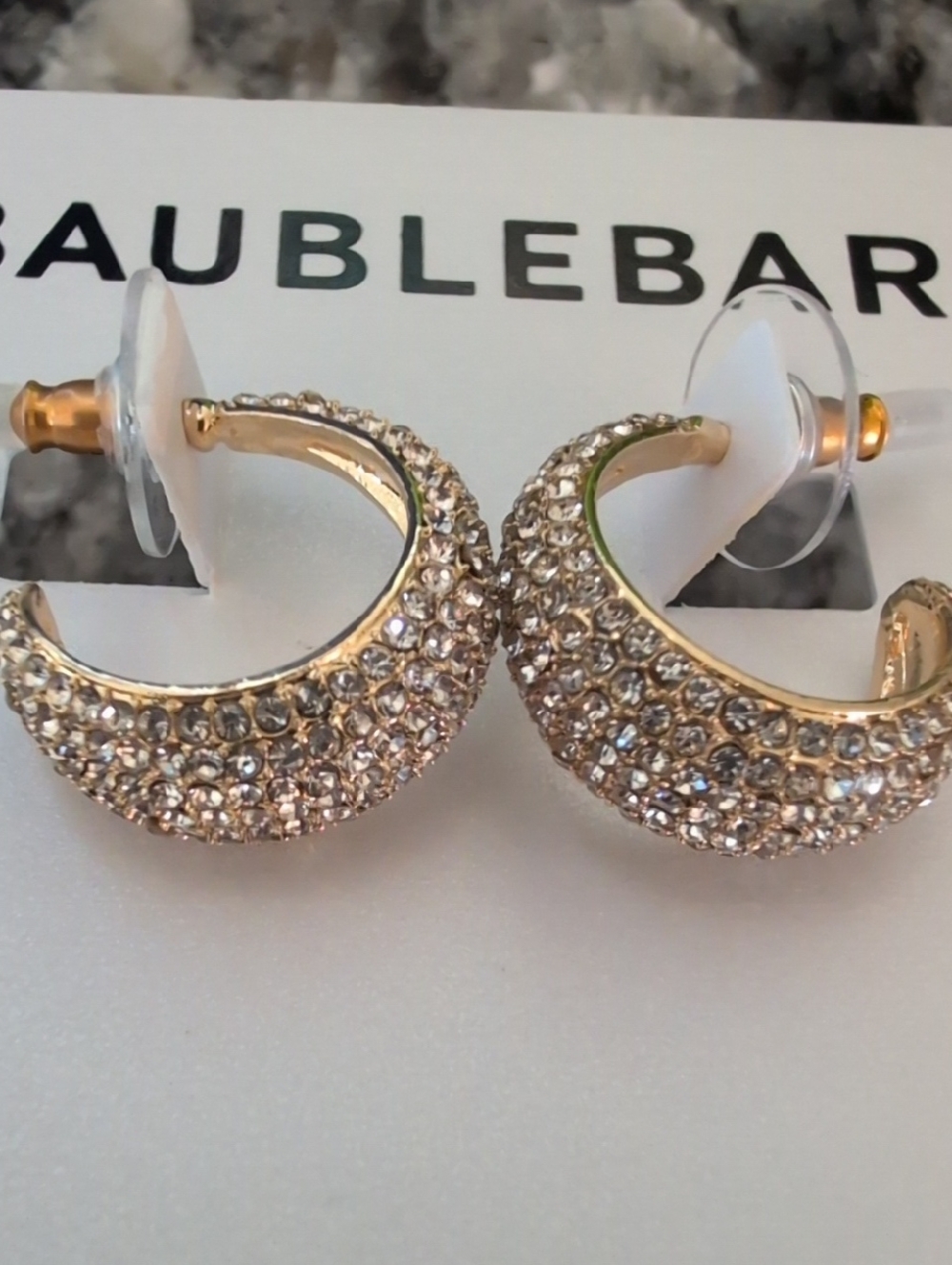 BaubleBar Gold Crescent Moon Stud Earrings with Clear Crystals